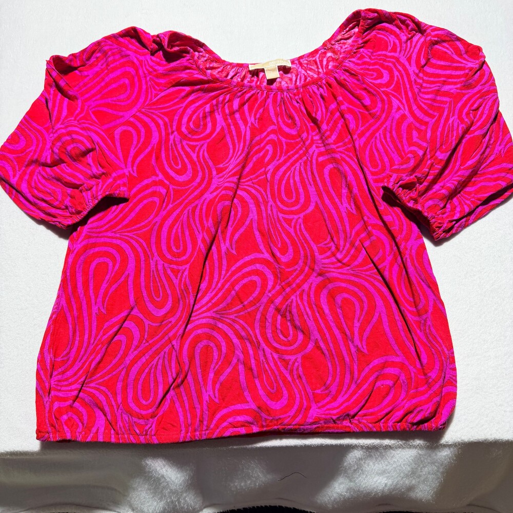 Michael Kors Large Red Pink Swirl Puff Sleeve Top 100% Viscose
